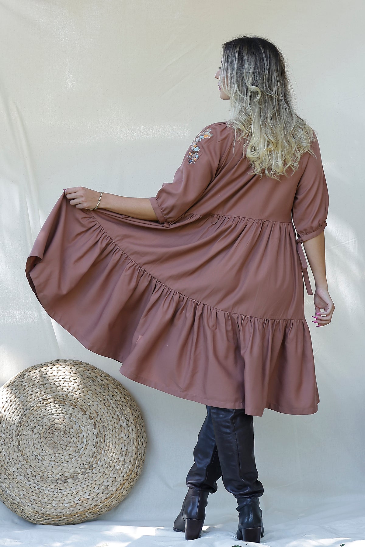 Anka Kahve Fırfırlı Elbise