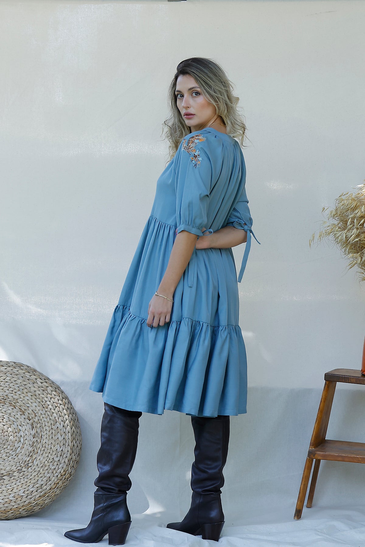Anka Mavi Fırfırlı Elbise